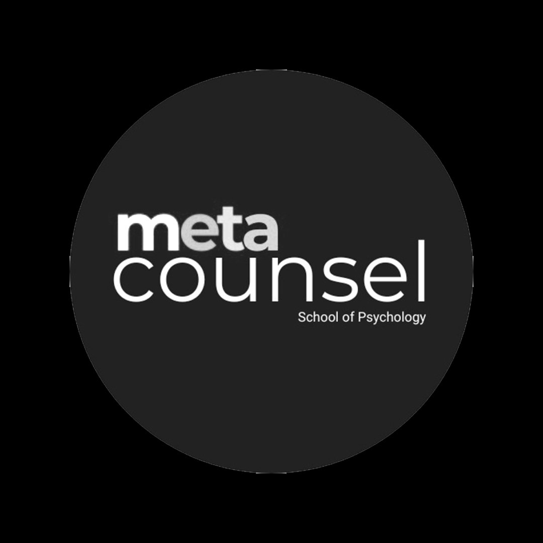 Meta Counsel logo featuring the words 'meta counsel' in white text on a black circular background with 'School of Psychology' written below.